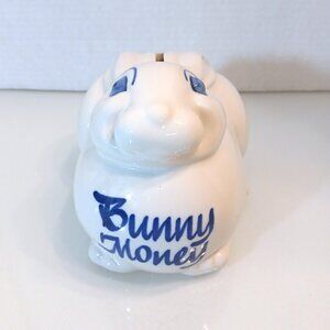 Vintage Bunny Money Ceramic Bank Blue And White Painted 5" x 7" By Clay Designs